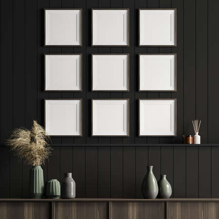 Living room interior with a cozy wooden sideboard. Dark wall is decorated with nine square posters....