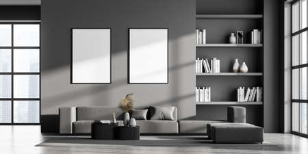 Contemporary living room interior with two empty white poster on gray wall, panoramic window with a view of Singapore city center, comfortable sofa. Home library design concept. Mock up. 3d renderingの写真素材