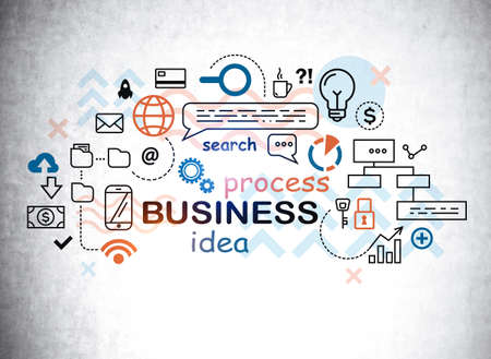 Sketch set of network icons, data security and personal information. Digital interface sketch on gray concrete wall. Concept of business process and ideaの写真素材