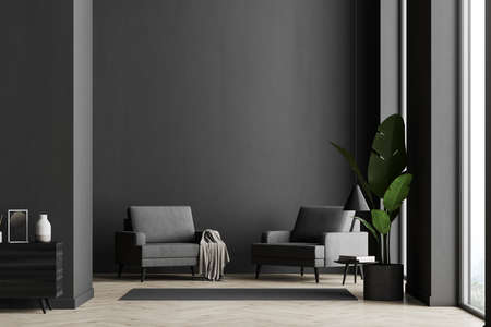 Dark waiting room interior with white empty black wall, panoramic window, comfortable armchair, oak wooden floor. Scandinavian minimalist design. Contemporary decoration. Mock up. 3d rendering.の写真素材