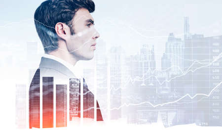 Office man serious look in suit, toned city buildings and white transparent stock market changes. Rising numbers, concept of financial analysis and business growthの写真素材