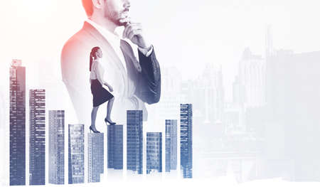Woman climbing bar chart, businessman in suit thinking, double exposure with office buildings. Concept of professional growth, financial analysis and stock marketの写真素材
