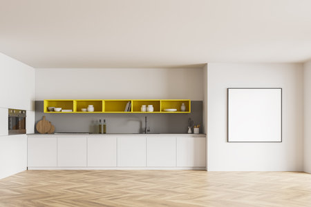 Light kitchen set with wooden floor. Dining interior with yellow and white design, shelf and oven, kitchenware. Mockup copy space banner poster, 3D renderingの写真素材