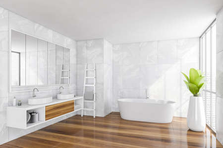 Bathroom and parquet floor, white tiled wall, two sinks and white bathtub with towel on a ladder....