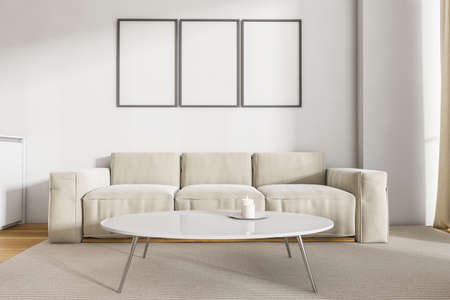Home interior with white couch on carpet, coffee table with candle. Minimalist light room with three...