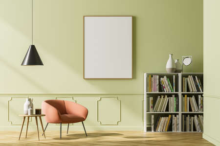 Cozy waiting room interior with comfortable armchair on the left side, empty poster on the green wall and the bookcase on the right. Oak wooden parquet. Minimalist style design. Mock up. 3d renderingの写真素材