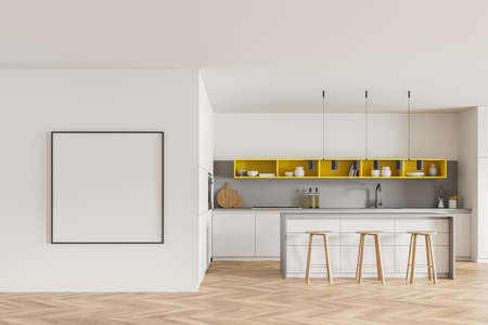Wooden kitchen room with table and bar chairs, wooden floor. Kitchen set interior with yellow and white design with shelf and kitchenware. Mockup copy space poster, 3D renderingの写真素材