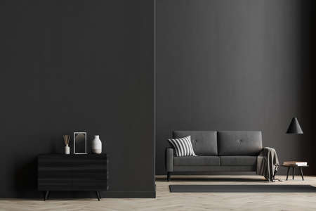 Dark living room interior with black empty wall, sideboard and comfortable sofa on oak wooden...