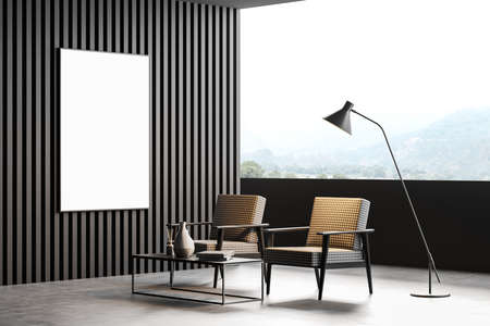 Interior of waiting room with a panoramic countryside view, balcony, two cozy armchair, white poster...