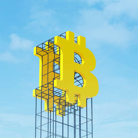 Large yellow signboard on metal frame with the logotype of bitcoin. Clear sky in the background....