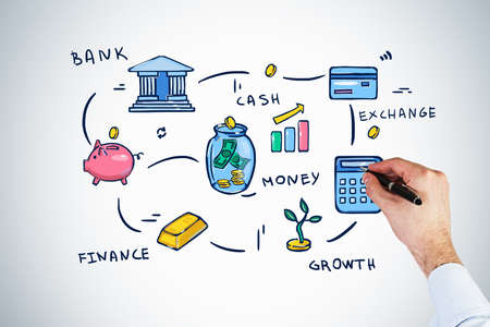 Businessman is drawing a scheme plan of money turnover. Cash, credit card, banking, piggy bank, gold bar, calculator. Concept of investment and economical growthの写真素材