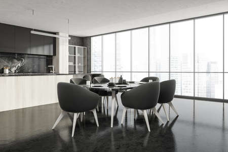 Open space eating room interior with gray wall and black marble floor, white wooden kitchen set....