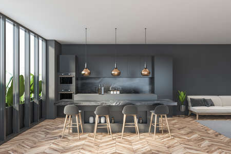 Dark modern kitchen room interior with bar counter and four bar stool, cupboard, beige sofa, panoramic window, oak wooden parquet floor. Contemporary minimalist design. Mock up. 3d renderingの写真素材