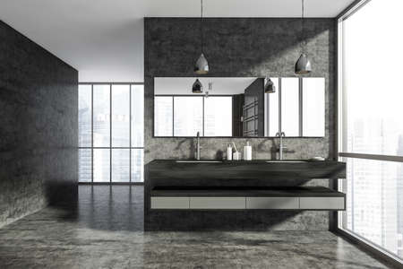 Bathing interior with sinks and large mirror with lamps, gray concrete floor and panoramic window with city view and sunlight, gray modern room with minimalist furniture, 3D renderingの写真素材