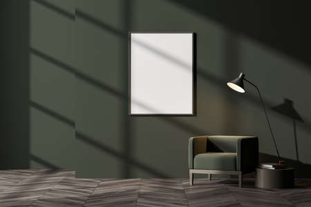 Dark living room interior with white empty poster on green wall, comfortable armchair on oak wooden parquet floor. Contemporary minimalist Scandinavian design. Mock up. 3d renderingの写真素材