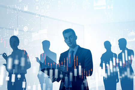 Business people and stock market dynamics, silhouettes of office workers. Lines of graph and...