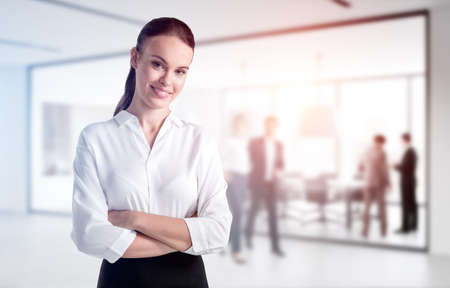 Office woman smiling, standing arms crossed near business conference room with people, double...