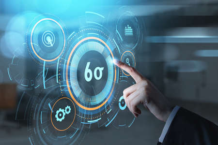 Businessman hand, finger pushing a virtual button on digital interface. Six sigma, quality control...