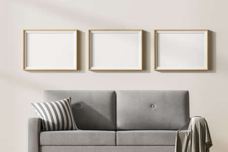 Gray couch in apartment interior with blanket and pillow, relax and chill zone with three frames on...