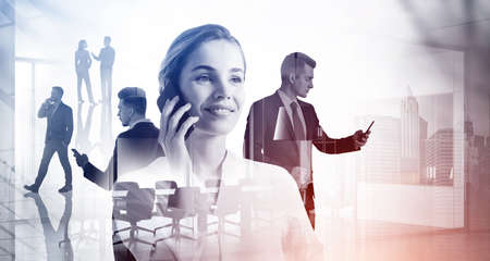 Group of business people is having a conference call discussing company profit. City skyscrapers in...