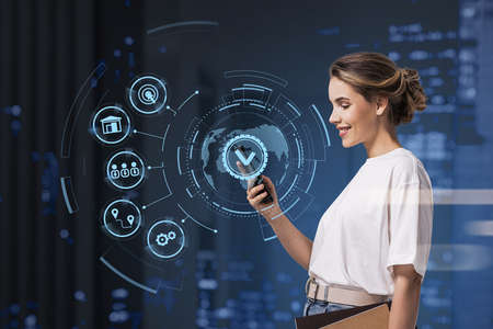 Businesswoman using smartphone conducting a research to optimize international business process, new...