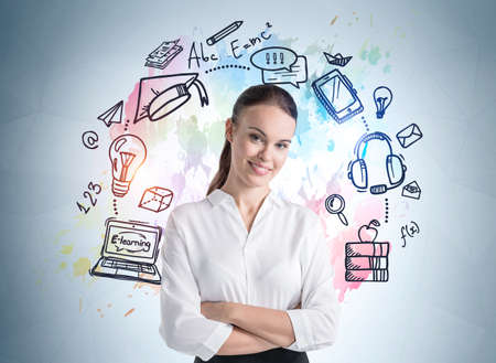 Young office woman in white shirt smiling looking at the camera. Colorful doodle sketch drawing of...