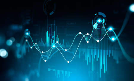Virtual stock market lines and financial charts over dark background. Digital screen. Concept of...