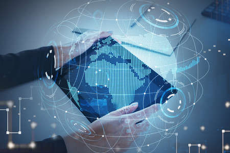 Businessman is holding and working on tablet device. Financial occupation at international company....