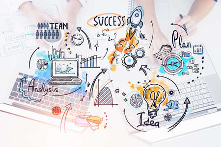 Office women hands with electronic devices, top view, bright business strategy plan, network...
