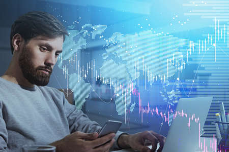 Beard businessman with smartphone. Stock market changes, business candlesticks graph chart. Double...