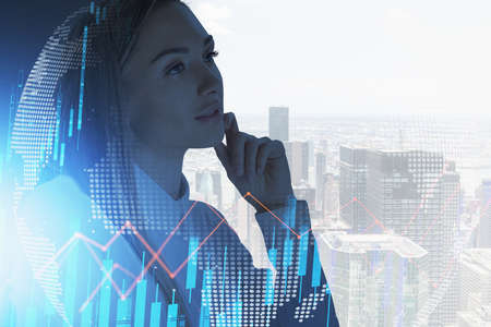 Office woman standing pensive, skyscrapers and cityscape, stock market lines graph changes, double...