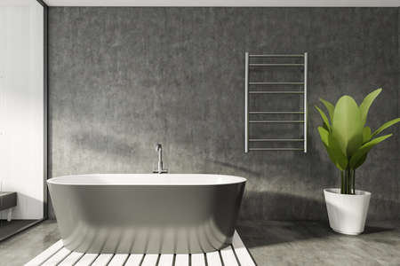 Modern Bathroom interior in new luxury home. Stylish hotel room. Open space area. Stone wall...