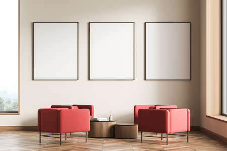 Modern Living Room Interior with frame, red armchairs and wooden table. Mock up poster art. 3d...