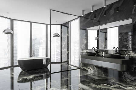 Modern Bathroom interior in new luxury home. Stylish hotel room. Open space area. Marble walls and floor. Bathtub and double sink. 3d rendering.の写真素材