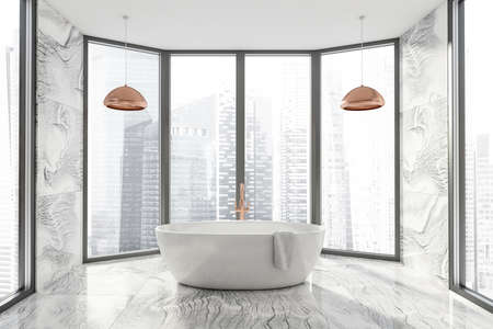 Modern Bathroom interior in new luxury home. Stylish hotel room. Open space area. Marble walls and floor. White bathtub. Panoramic window. 3d rendering.の写真素材