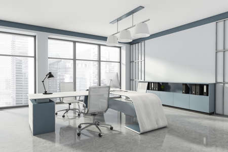 Head of a company's office interior with table and desktop computer, shelf with folders, white...