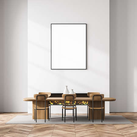 Living room interior with fireplace, white empty poster on the wall, six chairs and table, oak wooden parquet floor. Concept of comfortable place for meeting. Mock upの写真素材