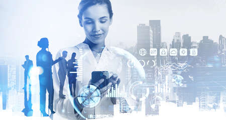 Office woman with smartphone in hands, stock market changes screen and business bar chart. Double...