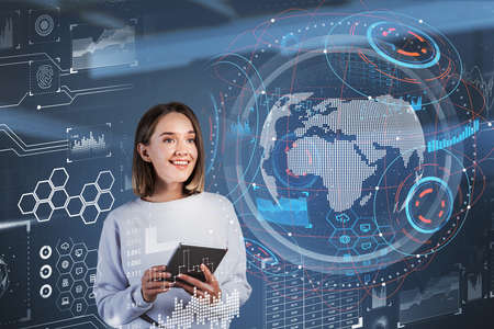 Office woman with tablet in hands happy. Double exposure with earth map with stock market changes,...