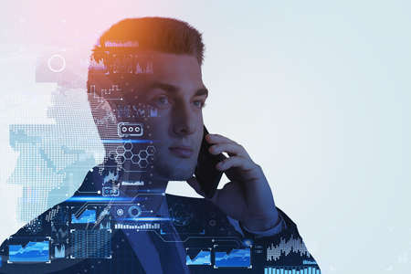 Businessman with smartphone in hand. Earth globe with information security, symbols and circuit. Concept of successful ceo and technologies in businessの写真素材