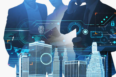 Group of business people working together over digital interface and looking at book. Concept of...