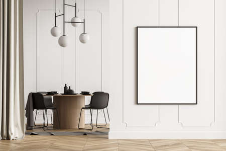 Modern living dining room interior with wooden floor, furniture, table and chairs. Home architecture concept. A poster canvas on white wall. Mock up. No people. 3d renderingの写真素材