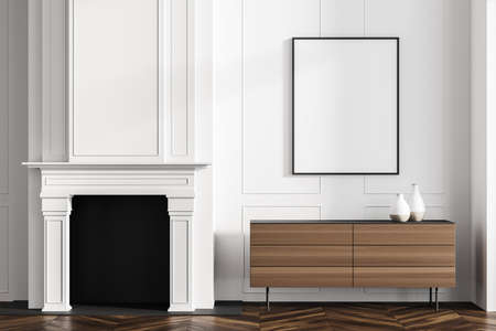 White and wooden living room interior, front view with fireplace, minimalist decoration with drawer...