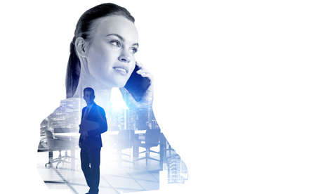 Office woman talking on smartphone, double exposure with businessman standing in conference room...