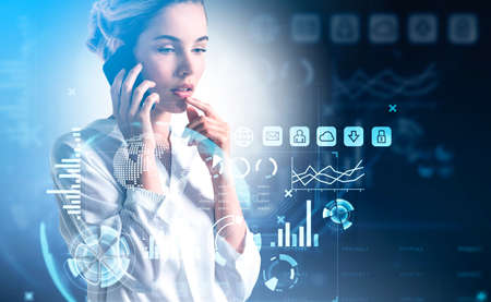 Office woman call on the smartphone, virtual screen with stock market changes, business bar chart....