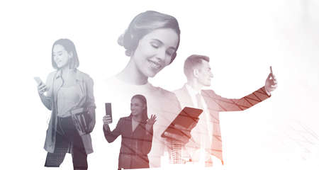 Business students, women and man smiling using smartphones, typing and video call. Double exposure with skyscrapers, toned image. Concept of mba, education and technologyの写真素材