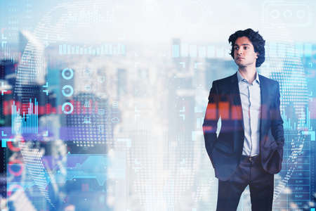 Businessman in formal suit with hands in pockets, Pondering about new IT project. Double exposure. Concept of success. Lock security and data storage icons over blurred cityscape.の写真素材