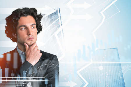 Financial advisor pensive look, hand to chin. Double exposure with white growing arrows, positive dynamics and candlesticks with office buildings. Concept of financial analysisの写真素材