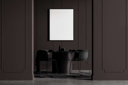 Modern dining room interior with concrete floor, furniture, table and chairs. Home architecture concept. A poster canvas on dark wall. Mock up. No people. 3d renderingの写真素材