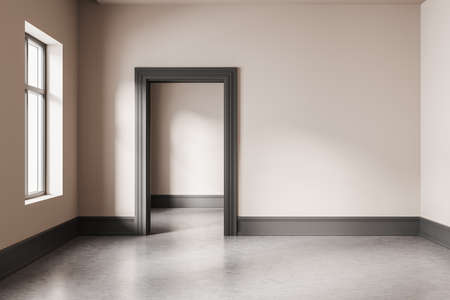 Empty hall interior in modern apartment with window, gray floor and door to the next room. Mockup...